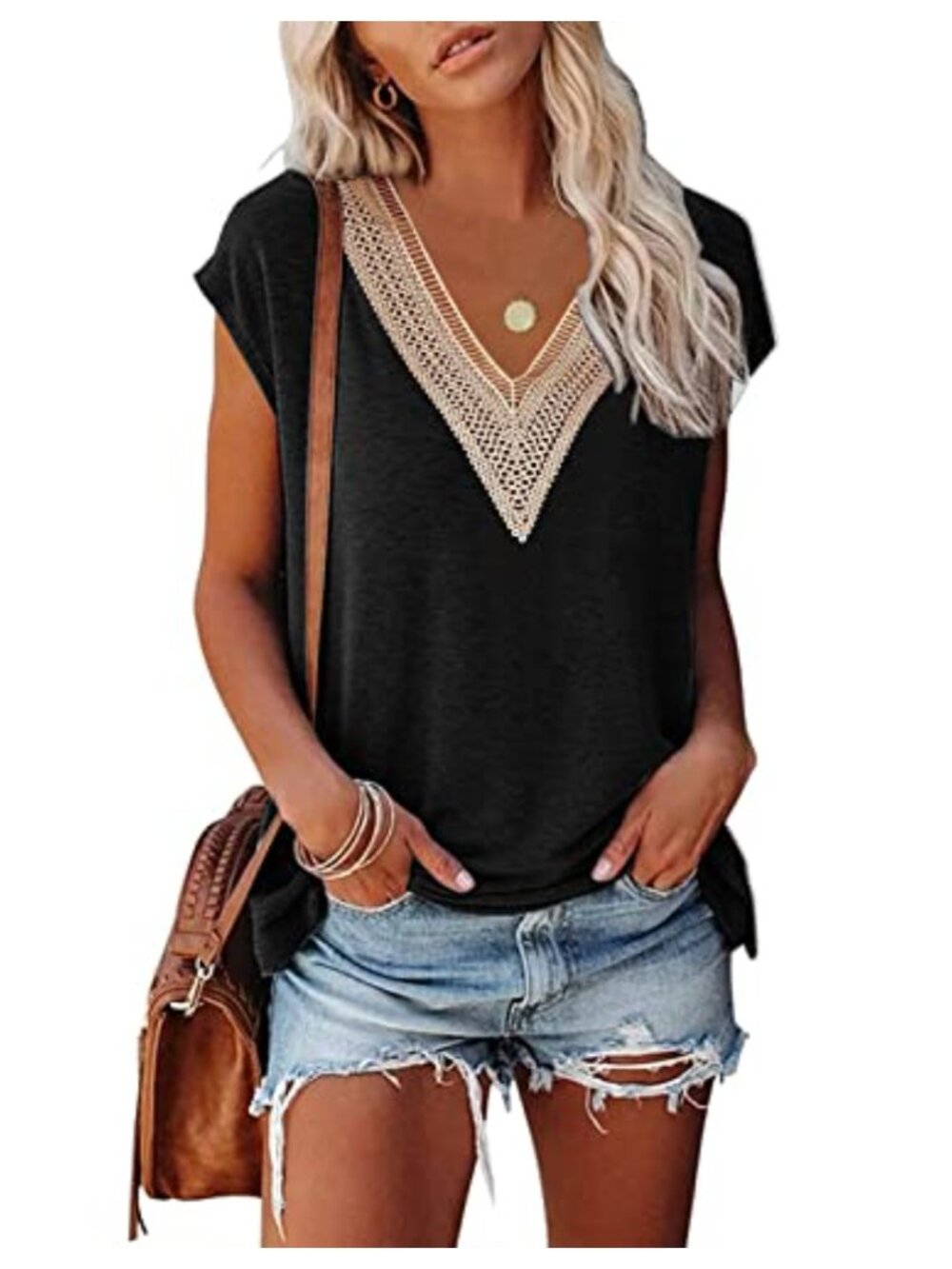 Womens Cap Sleeve Summer Tunic Top Lace V Neck Loose Fit Casual Shirt